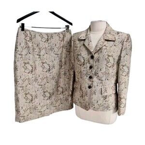 SUIT STUDIO Womens Skirt Suit Sz 12 Beige Floral Button Up Blazer Mini Skirt 54A
